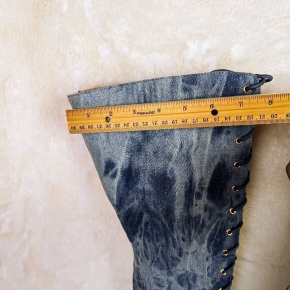 Club Exx Legacy Denim Blue Over the Knee Lace Up Heeled Boots US Size 7 - Picture 6 of 10